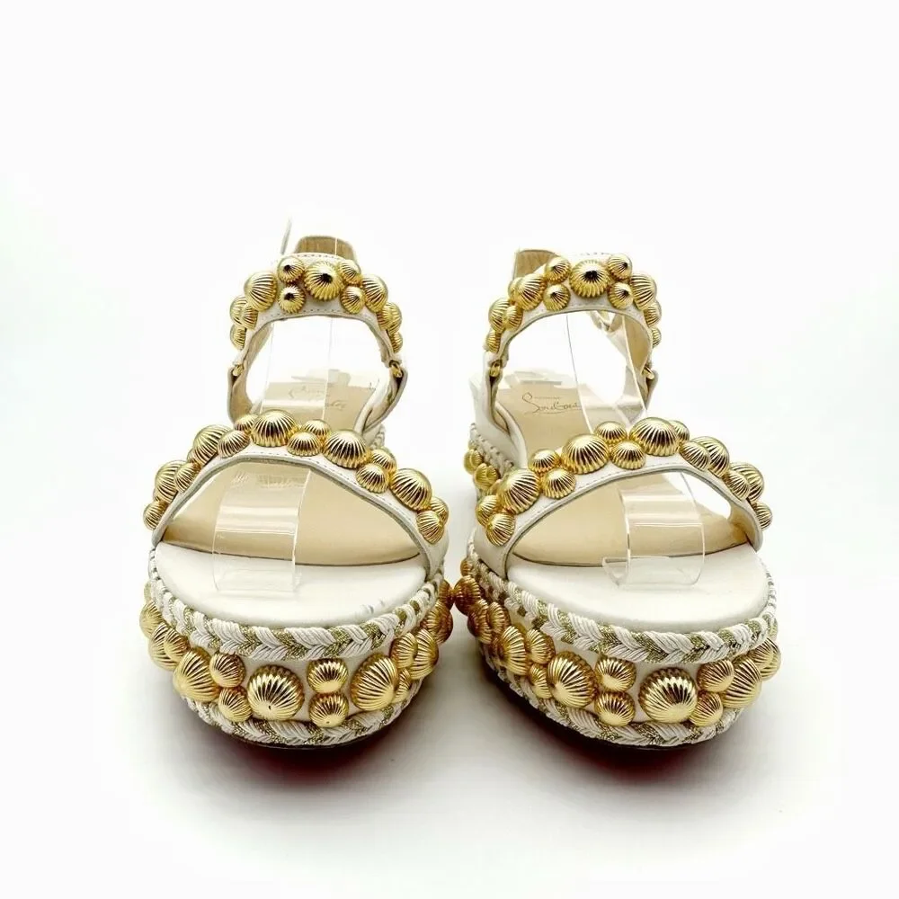 CHRISTIAN LOUBOUTIN Rondaclou Studded Chunky Wedge Heels Size 37 Sandals White